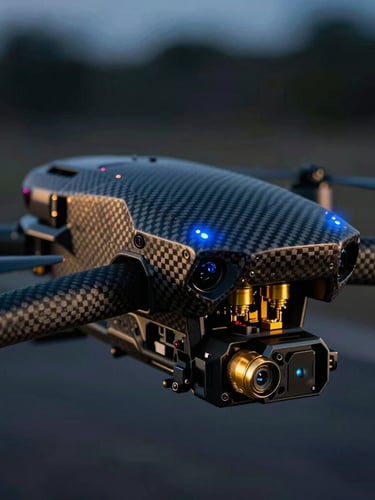 Cinematic macro shot of a rugged carbon-fiber drone chassis with gold electrical connectors, glowing blue status indicator, low-key tactical lighting