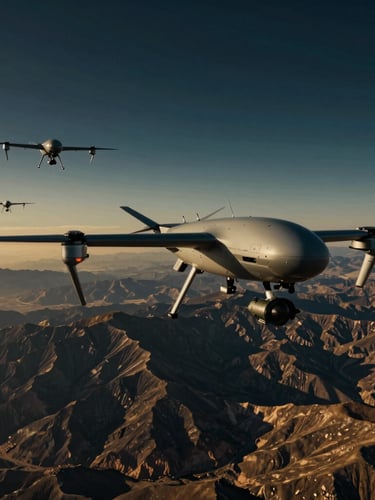 Cinematic wide-angle aerial shot of tactical autonomous drone fleet flying over the rugged mountains of the Horn of Africa at dusk, dramatic low-key lighting, deep navy sky with golden horizon, sharp technical details, 35mm lens.