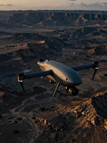Wide environmental aerial shot of a tactical autonomous drone flying over the rugged Horn of Africa landscape at dusk, high-contrast, cinematic low-key lighting, sharp technical details.