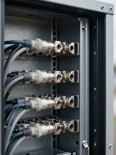 Tight macro shot of heavy-duty physical connectors and clean server rack cabling inside a mobile telecom shelter, industrial interior lighting, desaturated steel tones.
