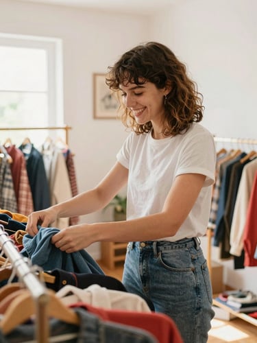Candid medium shot of a young French woman happily organizing vintage clothes in a sunlit room, warm atmosphere, natural daylight, authentic setting
