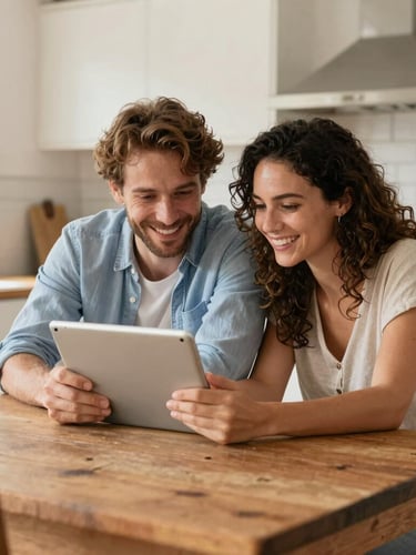 A cheerful French couple sitting at a rustic wooden table in a sunlit kitchen, looking at a tablet together and smiling, warm natural daylight, candid medium shot.