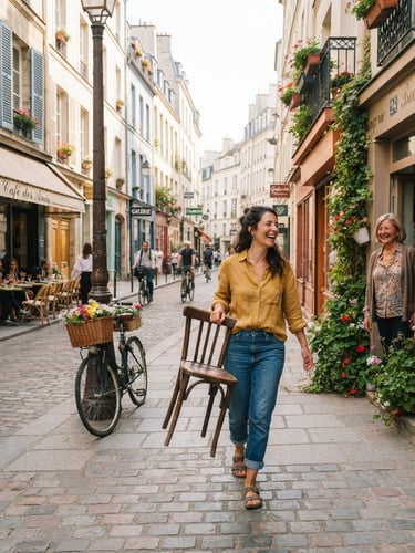 A bright, cheerful outdoor shot of a French neighborhood street, warm natural daylight, a person smiling while carrying a wooden chair to a neighbor, candid lifestyle photography