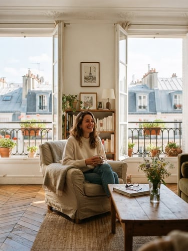 A bright, sunlit French apartment interior with warm wooden parquet floors, large open windows showing charming Parisian rooftops, natural daylight, warm lifestyle photography.