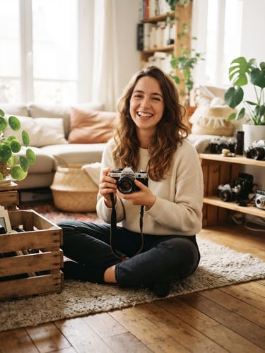 A cheerful French woman sitting on a bright living room floor, smiling, holding a vintage camera to sell, warm lifestyle photography, bright natural daylight