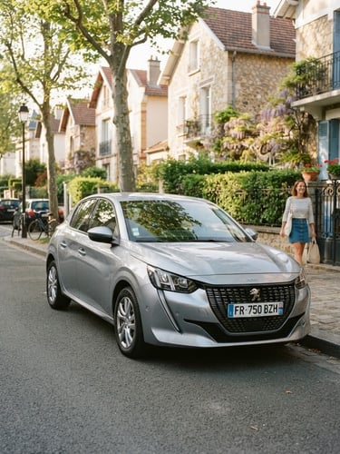A clean, well-maintained silver compact hatchback parked on a quiet residential street in a French suburb, soft afternoon sunlight, natural colors