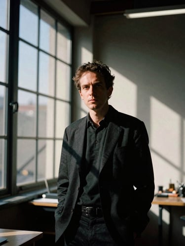 Moody editorial portrait of a creative director in a high-contrast architectural studio space, dramatic natural window light casting deep shadows, 35mm film grain