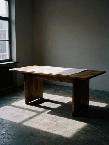 A wide-angle, high-contrast photograph of a minimalist architectural studio space, dramatic directional window light casting long shadows across a concrete floor, a single physical media layout on a dark oak table, desaturated tones, 35mm film grain.