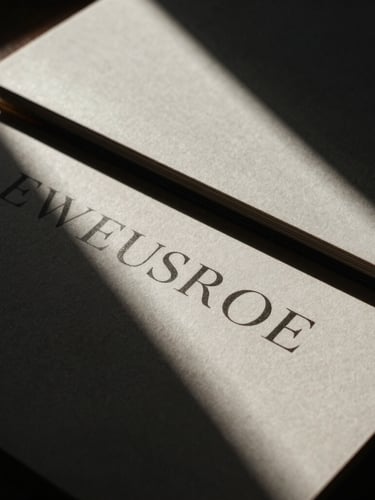 Close-up portrait of physical media layouts, textured heavy paper, elegant serif typography printed on matte cardstock, dramatic shadows under high-contrast natural window light.