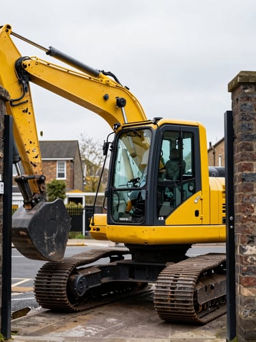 Close-up shot of a compact 800kg micro digger squeezing through a narrow brick residential side gate in London, high-contrast yellow and charcoal tones, sharp focus