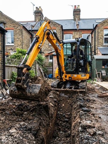 Low-angle heroic shot of a yellow and black mini excavator digging a clean trench in a tight London residential backyard, bright overcast daylight, high-contrast industrial tone