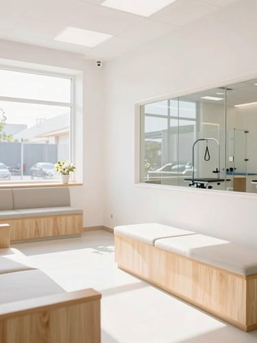 A bright, high-key interior shot of a modern pet care facility lobby, clean white walls, light wood accents, comfortable seating, large windows with sunlight streaming in, a clean grooming station visible through a glass partition in the background