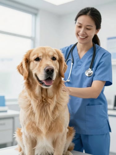 Bright high-key photography of a calm golden retriever sitting patiently next to a friendly veterinary caregiver in a clean modern St. Augustine clinic, soft natural daylight, shallow depth of field