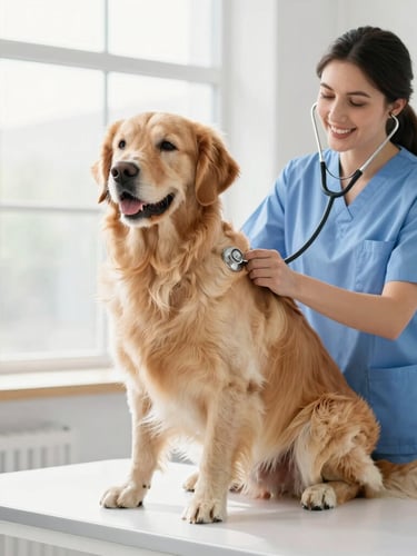 A bright high-key photograph of a calm golden retriever sitting on a clean exam table, a smiling female veterinarian in a soft blue scrub top gently listening to its heart with a stethoscope, natural daylight from a large window