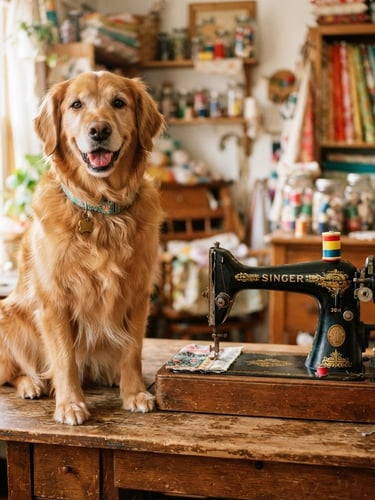 bright warm photography, natural daylight, vibrant saturated colors, eye-level pet portrait of a happy dog sitting next to a vintage sewing machine, shallow depth of field, 35mm