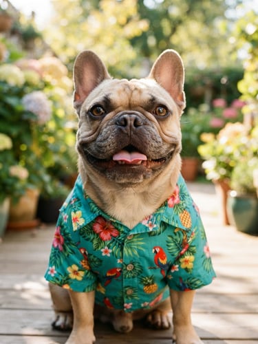 Bright warm photography, natural daylight, a happy French Bulldog wearing a colorful teal summer shirt looking directly at the camera, eye-level portrait, shallow depth of field, 35mm
