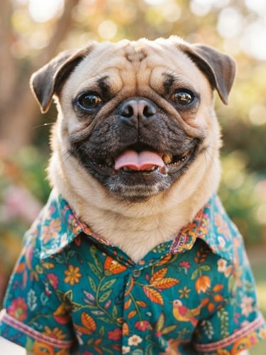Vibrant close-up of a happy pug wearing a colorful custom-tailored teal shirt, warm natural daylight, eye-level pet portrait, shallow depth of field, 35mm