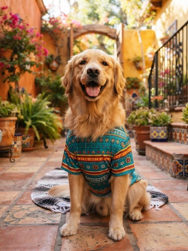 A happy, smiling golden retriever wearing a colorful teal pet t-shirt, sitting comfortably in a sunlit Mexican patio, eye-level portrait, 35mm