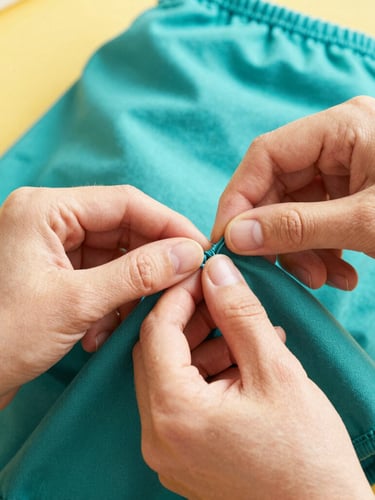 bright warm photography, natural daylight, vibrant saturated colors, hands carefully stitching a colorful teal pet garment, focus on texture and threads, shallow depth of field, 35mm