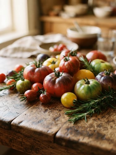 Warm editorial photography of natural daylight falling on a rustic wooden table with fresh heirloom tomatoes and rosemary, shallow depth of field, 35mm