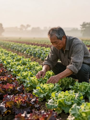 An environmental portrait of a heritage farmer inspecting organic leafy greens in a field at sunrise, soft golden hour lighting, natural mist, warm editorial style.