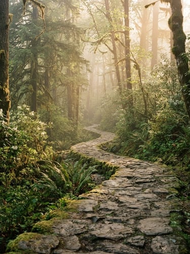 A serene, misty stone pathway winding through a lush green forest at golden hour, soft morning light filtering through towering trees, editorial travel photography, 35mm lens.