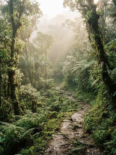 A serene forest path in Mount Gede Pangrango, soft morning mist filtering through lush green canopy, editorial travel photography, 35mm lens