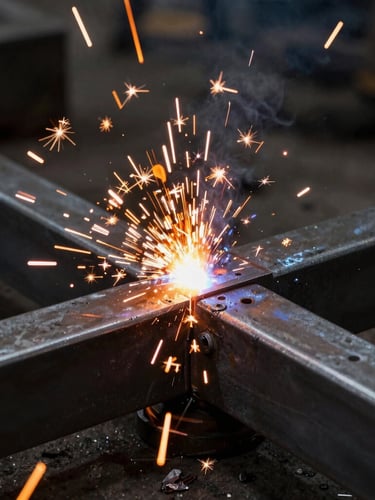Close-up of intense orange welding sparks flying from a steel joint in a dark workshop, high-contrast metallic highlights, industrial editorial photography, 35mm