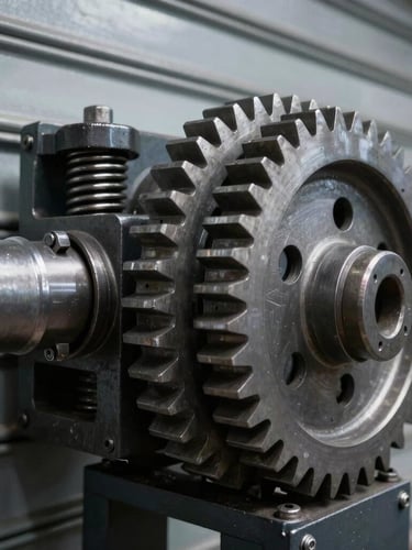 Tight macro shot of heavy steel gears and spring mechanism of a rolling shutter, industrial workshop lighting, high-contrast metallic highlights, 35mm