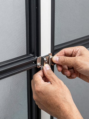 Close-up of hands installing a sleek black aluminum mosquito net frame on a window, sharp focus on mechanical joints, industrial editorial photography, 35mm