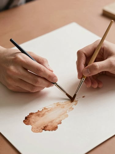 Hands holding fine paintbrushes over heavily textured watercolor paper, soft natural light, warm terracotta tones, minimalist studio setting.