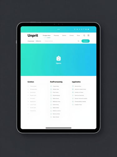 Front-on studio shot of a clean web design interface displayed on a tablet, electric cyan highlights, dark charcoal background, razor-sharp UI grid.