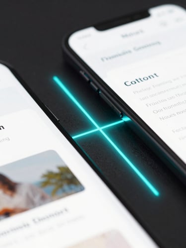 Macro shot of a responsive web layout breakpoint transition across desktop and mobile screens, glowing cyan lines, clean technical aesthetic, dark background.