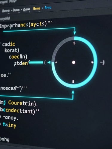 Macro shot of a clean code editor displaying structured layout syntax, with glowing electric cyan guides and a circular performance gauge, dark mode interface, high-contrast rendering.