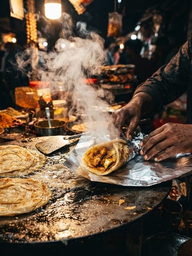 Close-up of steam rising from fresh parathas on a hot griddle under harsh market lights, hands wrapping a roll in foil, saturated warm tones.