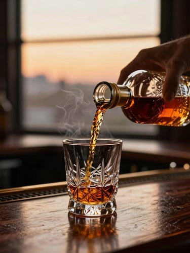 A hand pouring dark amber scotch into a heavy crystal glass on a dark mahogany bar counter, warm low-key lighting, soft smoke, luxurious atmosphere
