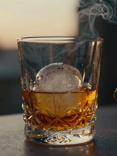Macro photograph of a heavy crystal tumbler with dark golden rum, slow-melt ice sphere, gentle amber lighting, soft cigar smoke curling in the background, 35mm cinematic editorial