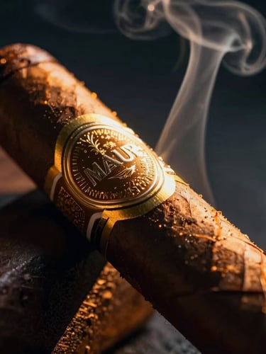 Macro extreme close-up of a dark textured oily maduro cigar wrapper with a gold leaf band, warm dramatic amber light casting long shadows, soft smoke curling in the background.