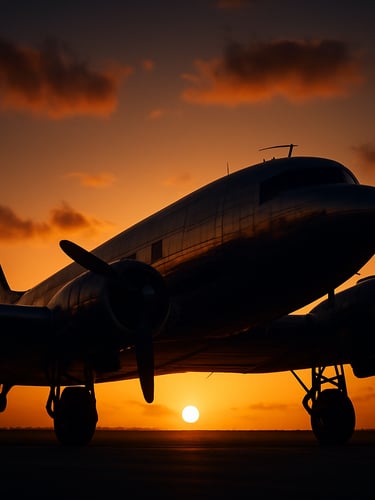 A classic DC-3 vintage aircraft silhouetted against a deep amber Key West sunset, low-angle heroic framing, soft warm light reflecting on the metallic fuselage, cinematic editorial photography, 35mm