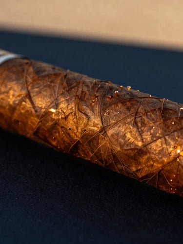 Macro close-up editorial shot of a rich, textured Ecuadorian Habano cigar wrapper with a glowing amber ash, dramatic chiaroscuro lighting, deep navy shadows.