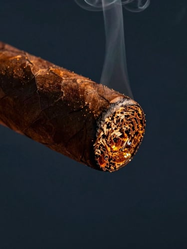 Macro close-up of a rich textured dark maduro cigar wrapper, a single glowing amber ember, soft wisps of smoke rising against a dark navy background.