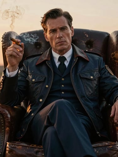 A sophisticated man in a vintage pilot jacket sitting in a weathered leather captain's chair, holding a glowing cigar, soft smoke, moody cinematic lighting
