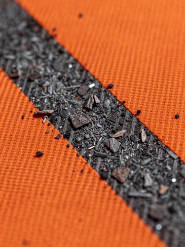 Macro close-up of a rugged high-visibility safety orange textile texture, charred wood ash particles resting on the weave, dramatic side lighting