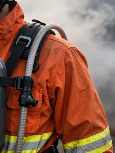 Close-up of a rugged high-visibility orange firefighting suit shoulder with an integrated insulated hydration tube and tactical bite valve, dramatic backlighting through thick grey smoke.