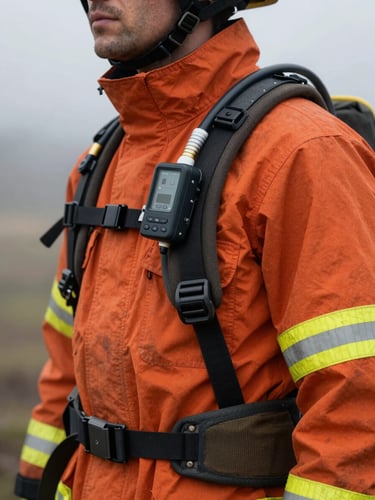 Close-up of a rugged shoulder harness on an orange wildland firefighting jacket, showing integrated hydration tube routing and a small glowing telemetry unit dock, smoky atmospheric background.