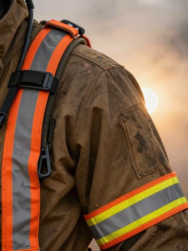 Close-up of rugged tactical wildland firefighting gear, high-visibility orange safety strips, textured fire-resistant fabric, backlit by intense warm light through thick smoke, dramatic macro framing.