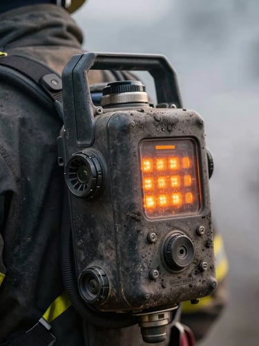 Macro shot of a rugged, soot-stained telemetry device mounted on a firefighter shoulder harness, glowing orange LED indicators active, dense smoke in the background, dramatic side lighting.