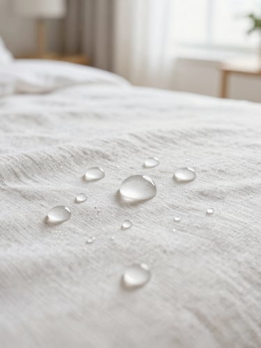 Macro shot of water droplets perfectly beading up on a premium linen fabric texture, bright natural daylight, soft focus, high-end home-service aesthetic