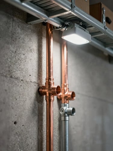 Close-up environmental shot of a commercial job site—copper pipe fittings and galvanised conduit installed side by side on a concrete wall, solder joints and compression couplings visible under work-lamp task lighting, steel cable tray overhead in soft focus, no people
