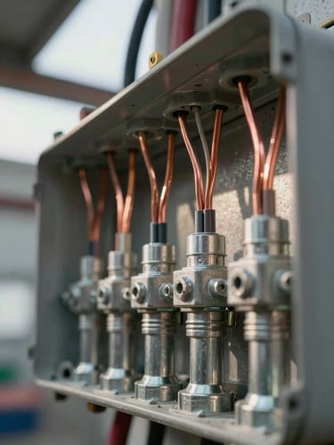 Extreme close-up framing of a dense electrical conduit junction box mid-installation, copper wire terminations visible, industrial task lamp casting hard shadows across steel fittings, overcast ambient light from a warehouse opening in the background—no people, no text, tight on workmanship detail